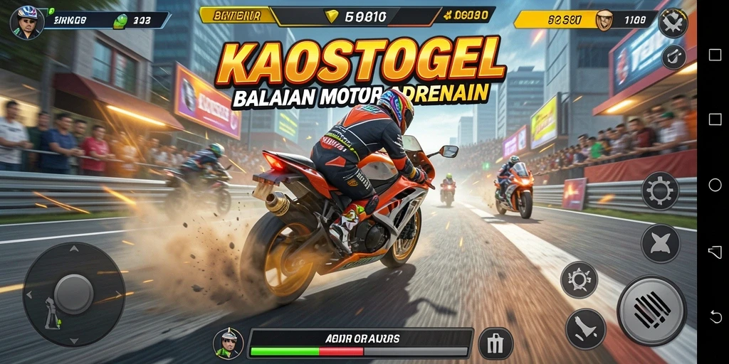 Screenshot gameplay KAOSTOGEL menampilkan balapan motor yang seru dan mendebarkan.