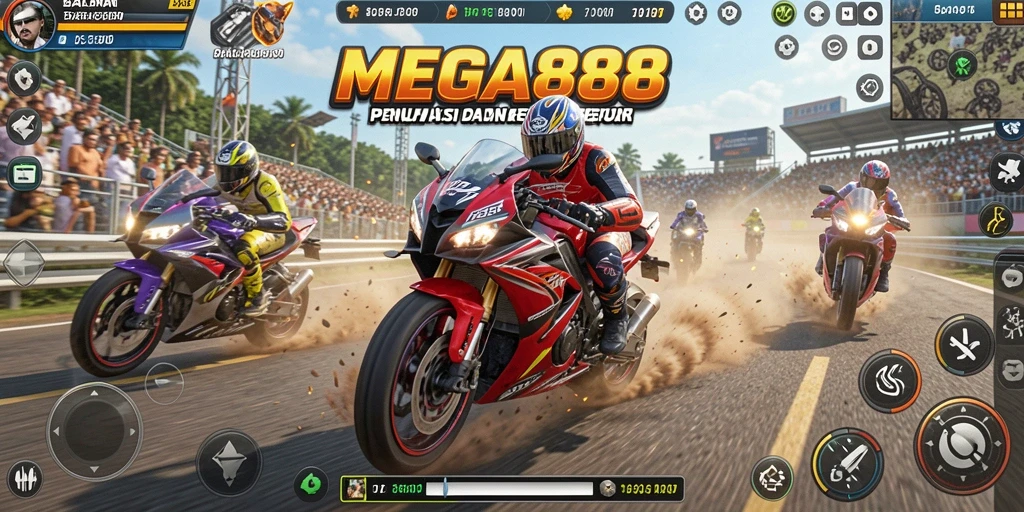 Tampilan gameplay seru di MEGA888 dengan motor balap yang cepat.