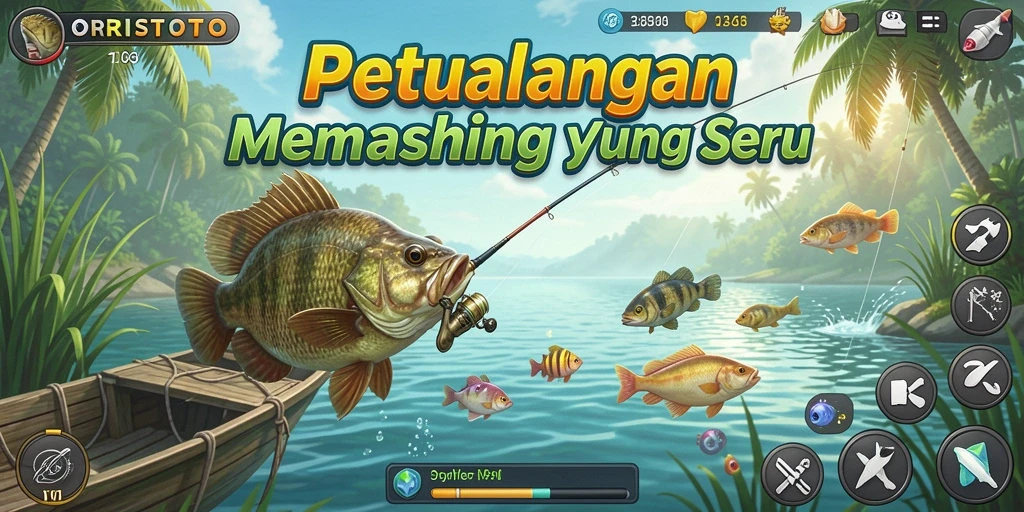 Screenshot gameplay ORISTOTO dengan suasana memancing yang menenangkan.